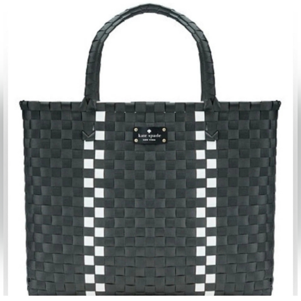 Kate Spade-Black+White Basket Weave-Woven Tote Beach Bag/Shopping/Travel